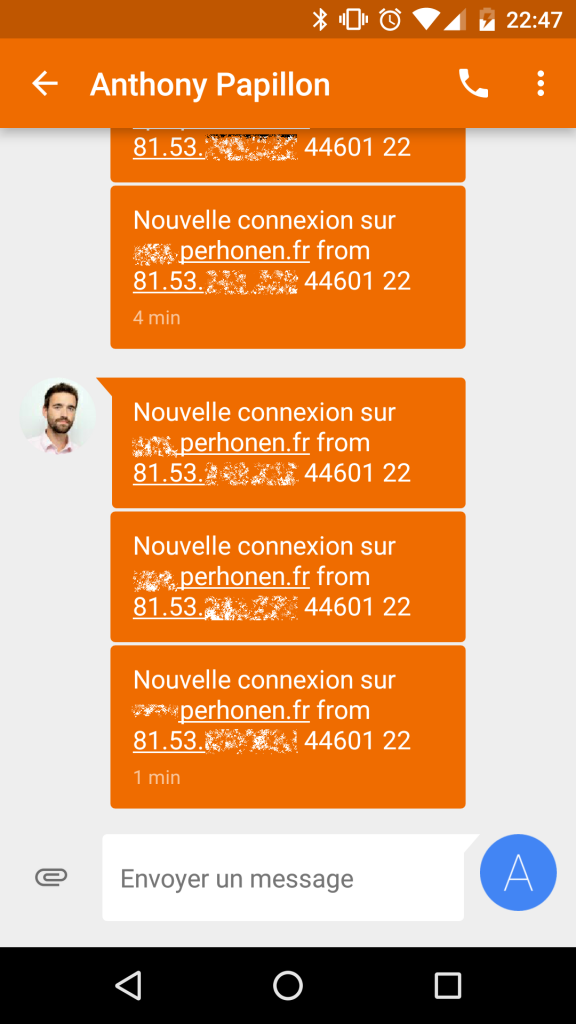 Exemple de notifications par SMS d'ouverture de session